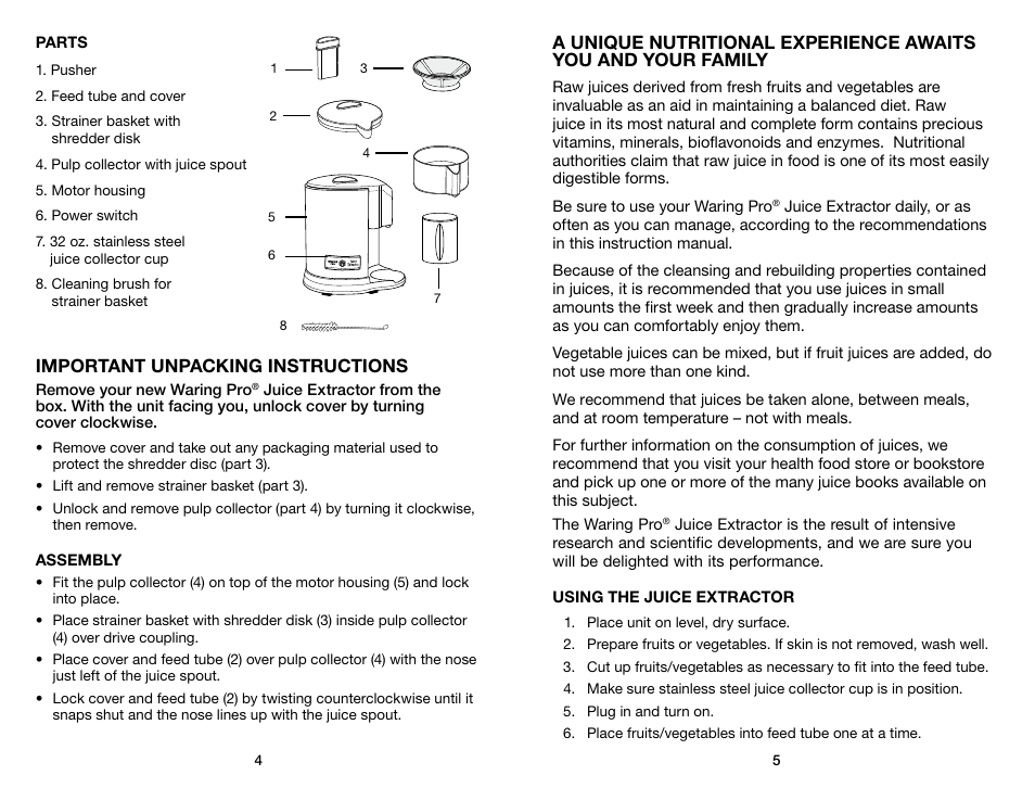 Important unpacking instructions | Waring Pro JEX328 User Manual | Page 3 / 7