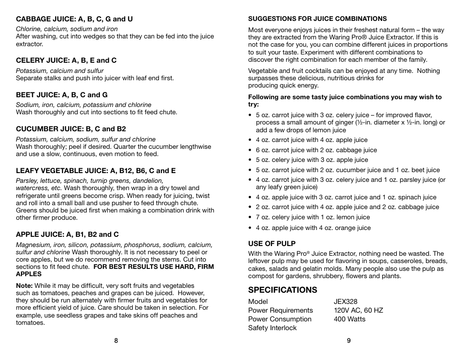 Specifications | Waring Pro JEX328 User Manual | Page 5 / 7