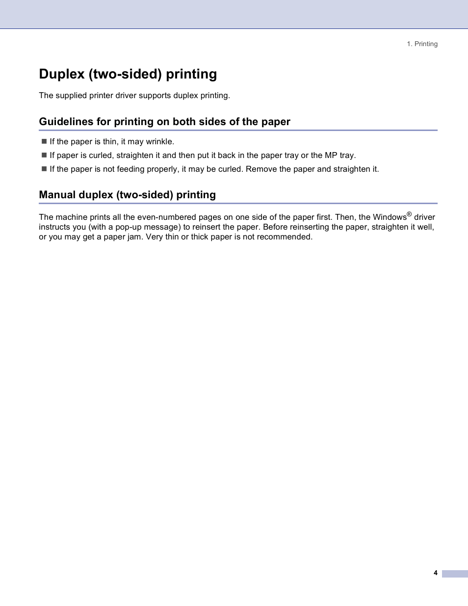 Duplex (two-sided) printing, Guidelines for printing on both sides of the paper, Manual duplex (two-sided) printing | Brother DCP 8060 User Manual | Page 10 / 182