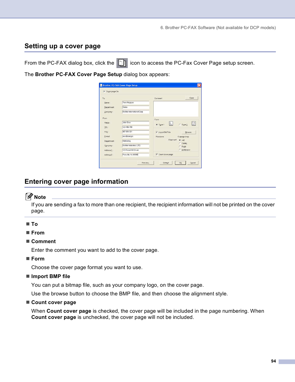 Setting up a cover page, Entering cover page information | Brother DCP 8060 User Manual | Page 100 / 182