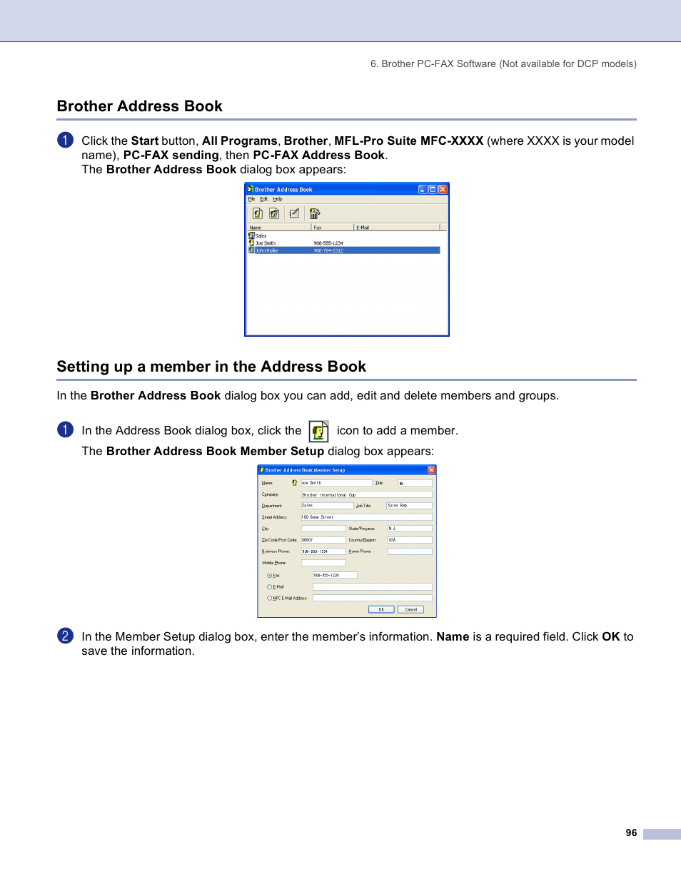 Brother address book, Setting up a member in the address book | Brother DCP 8060 User Manual | Page 102 / 182