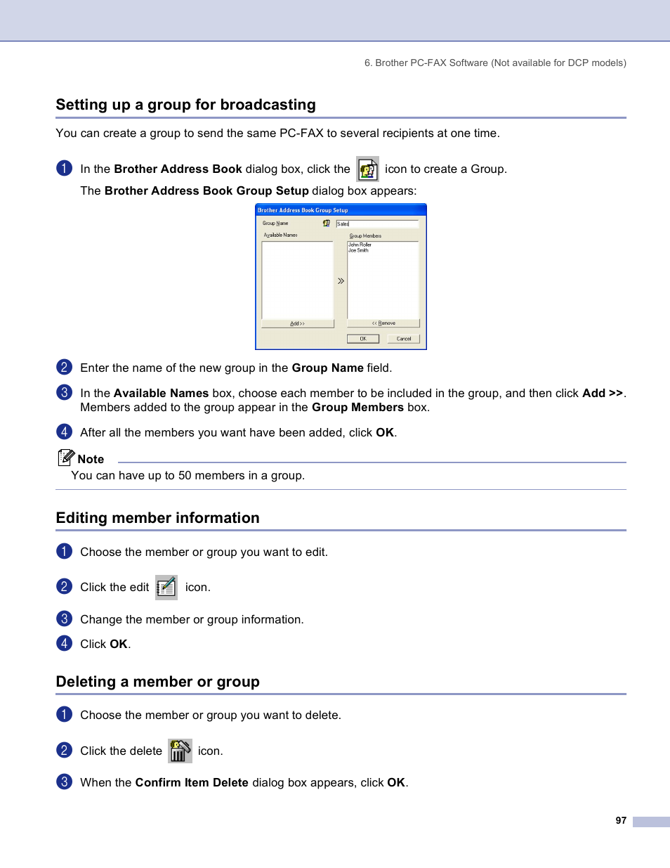 Setting up a group for broadcasting, Editing member information, Deleting a member or group | Brother DCP 8060 User Manual | Page 103 / 182