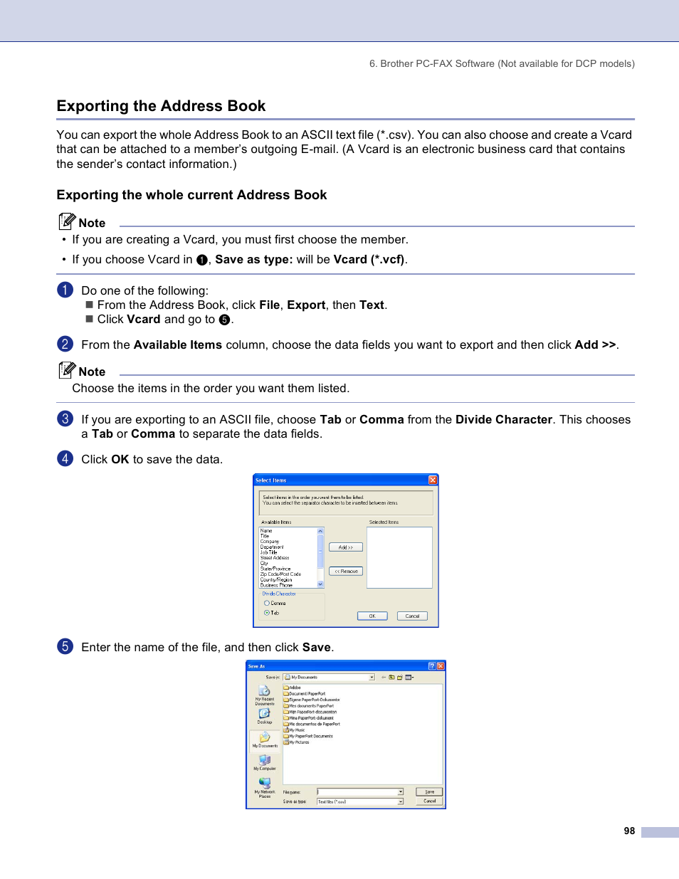 Exporting the address book, Exporting the whole current address book | Brother DCP 8060 User Manual | Page 104 / 182