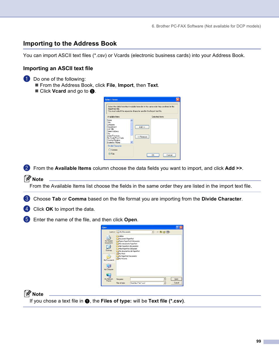 Importing to the address book, Importing an ascii text file | Brother DCP 8060 User Manual | Page 105 / 182