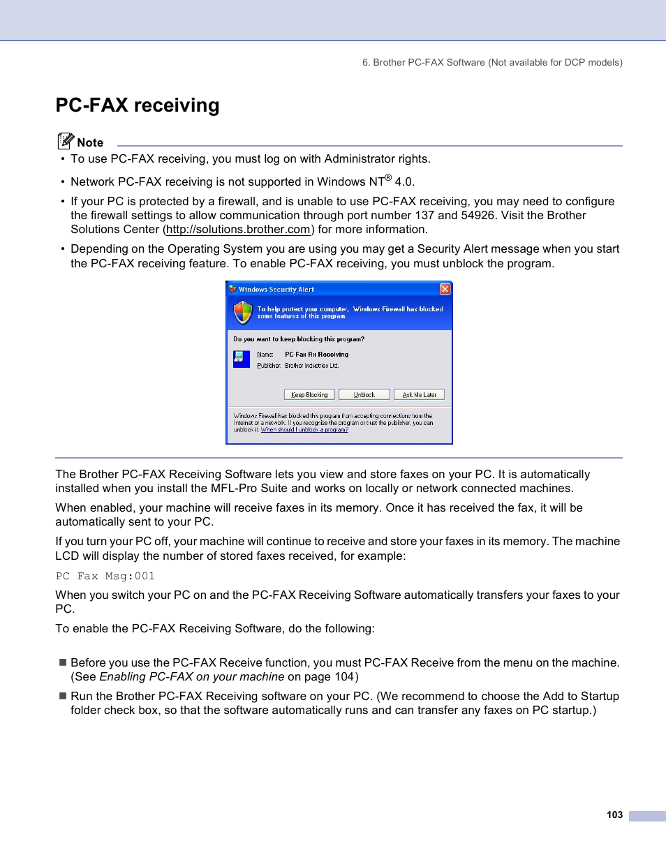Pc-fax receiving | Brother DCP 8060 User Manual | Page 109 / 182