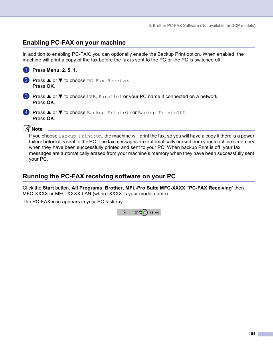 Enabling pc-fax on your machine, Running the pc-fax receiving software on your pc | Brother DCP 8060 User Manual | Page 110 / 182