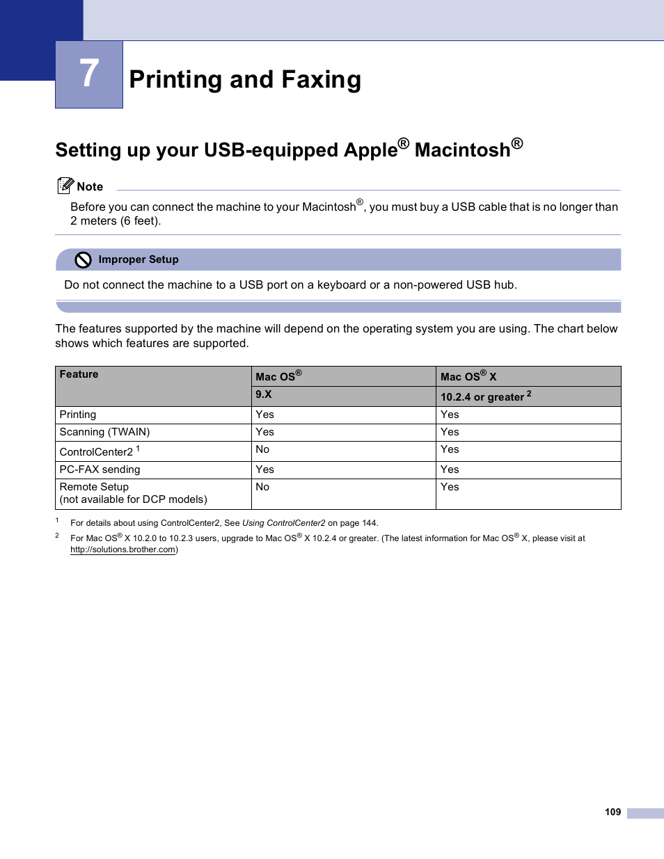 7 printing and faxing, Setting up your usb-equipped apple® macintosh, Printing and faxing | Setting up your usb-equipped apple, Macintosh | Brother DCP 8060 User Manual | Page 115 / 182