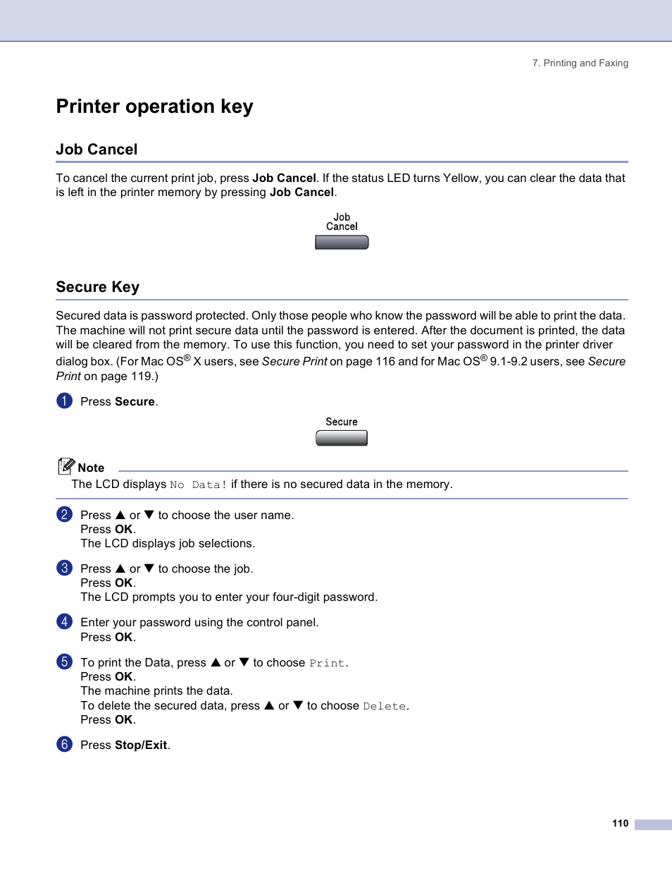 Printer operation key, Job cancel, Secure key | Job cancel secure key | Brother DCP 8060 User Manual | Page 116 / 182