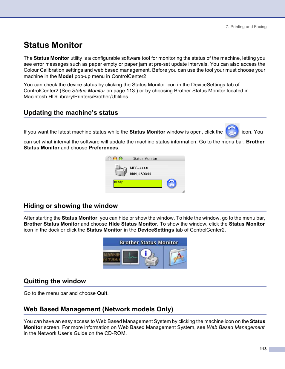 Status monitor, Updating the machine’s status, Hiding or showing the window | Quitting the window, Web based management (network models only) | Brother DCP 8060 User Manual | Page 119 / 182
