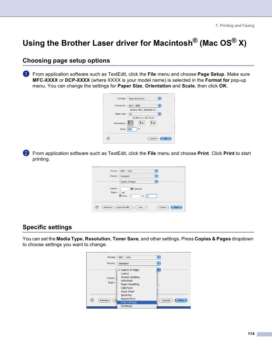 Specific settings, Using the brother laser driver for macintosh, Mac os | Choosing page setup options | Brother DCP 8060 User Manual | Page 120 / 182