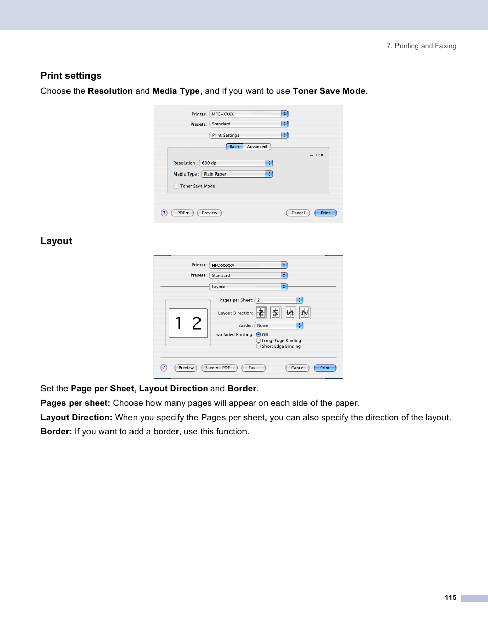 Print settings, Layout | Brother DCP 8060 User Manual | Page 121 / 182