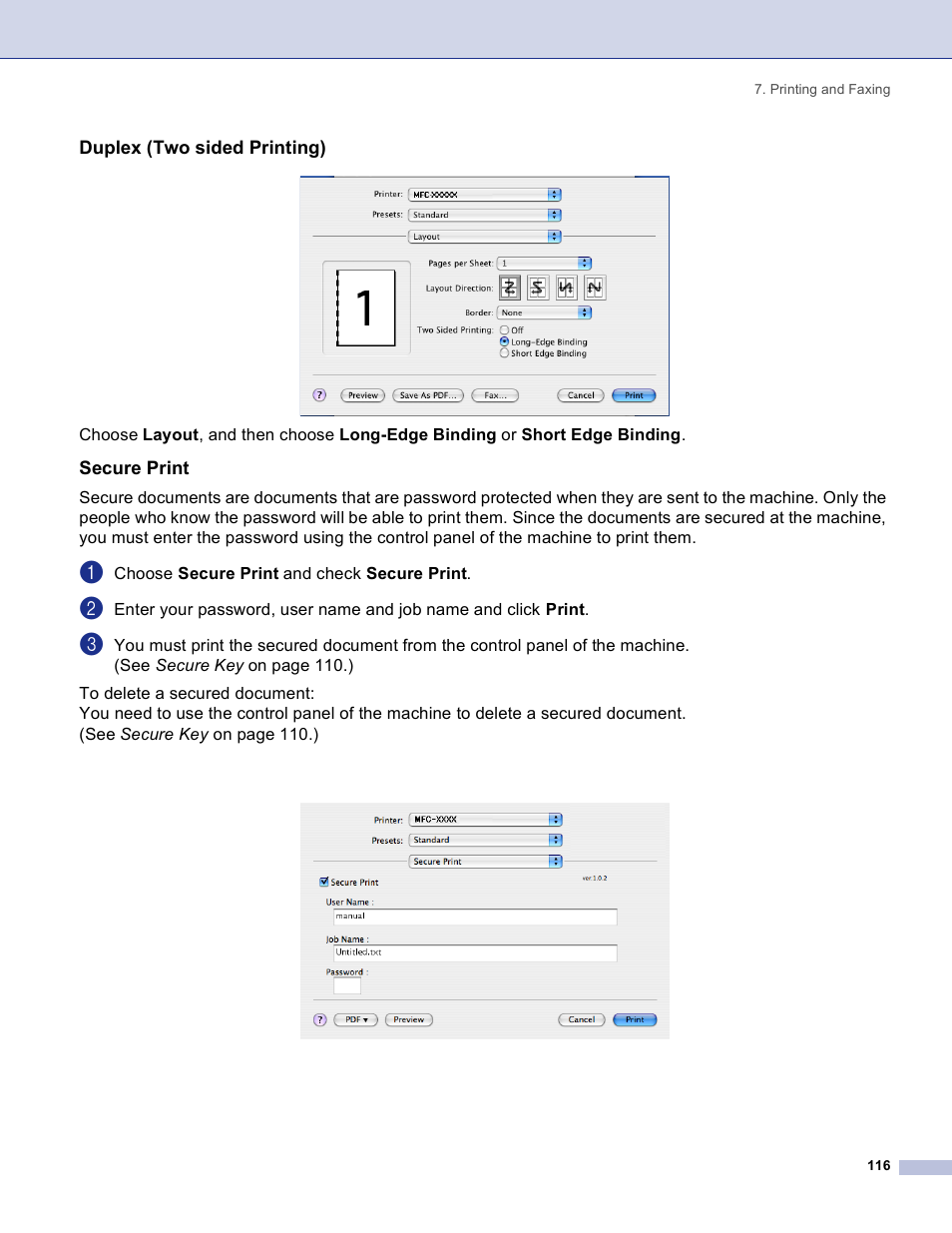 Duplex (two sided printing), Secure print | Brother DCP 8060 User Manual | Page 122 / 182