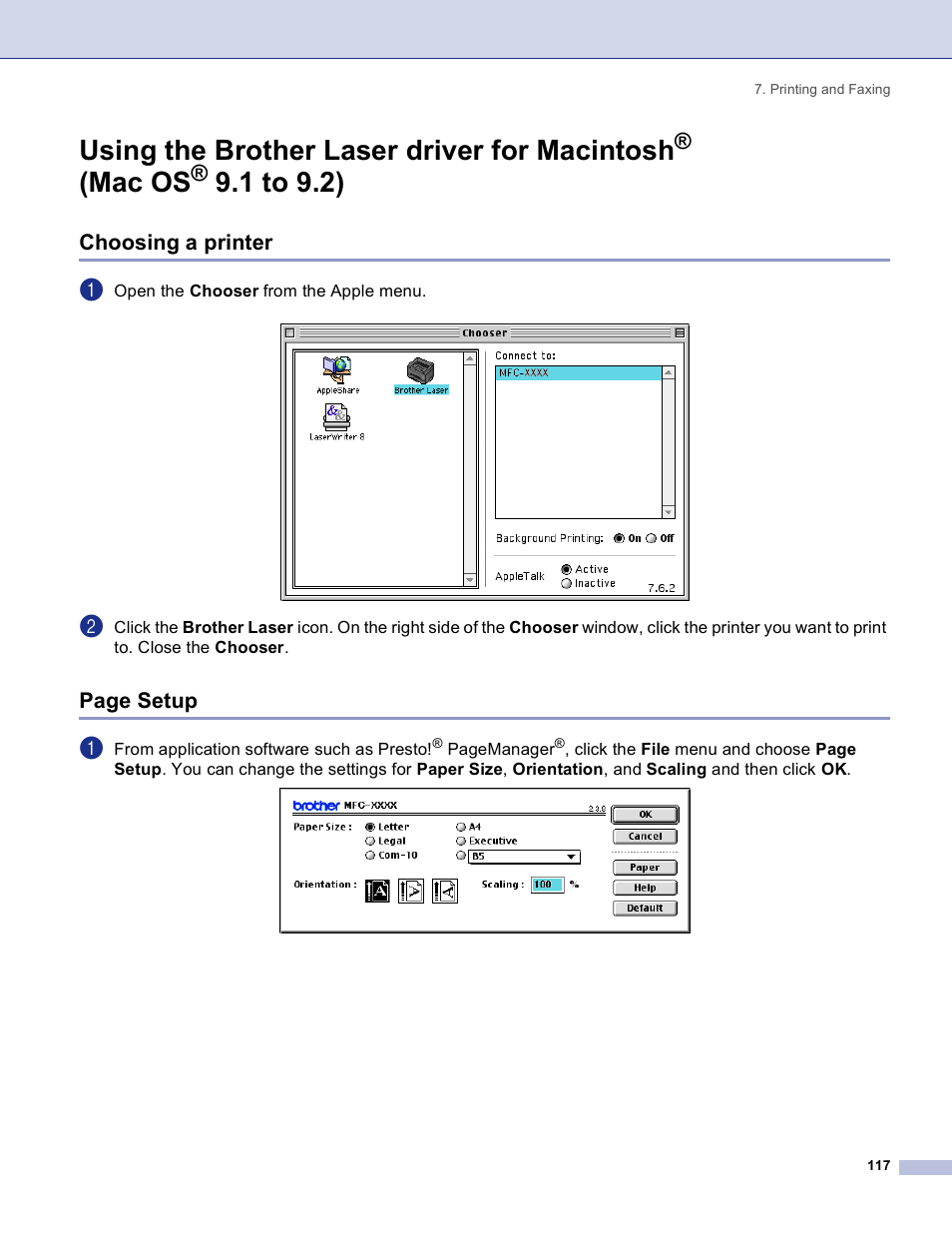 Choosing a printer, Using the brother laser driver for macintosh, Mac os | 1 to 9.2), Page setup | Brother DCP 8060 User Manual | Page 123 / 182