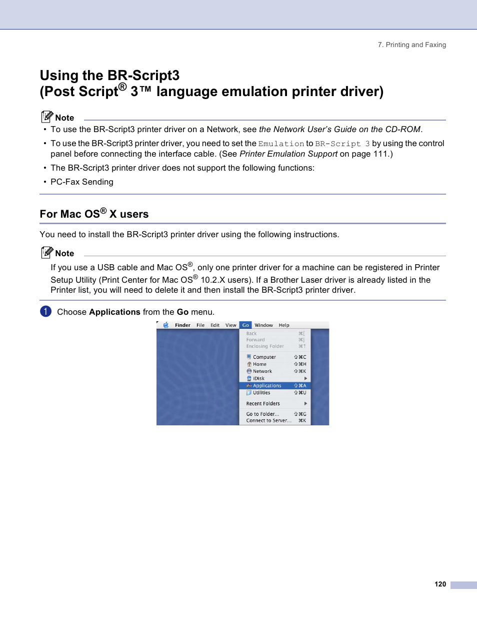 For mac os® x users, Using the br-script3 (post script, 3™ language emulation printer driver) | For mac os, X users | Brother DCP 8060 User Manual | Page 126 / 182