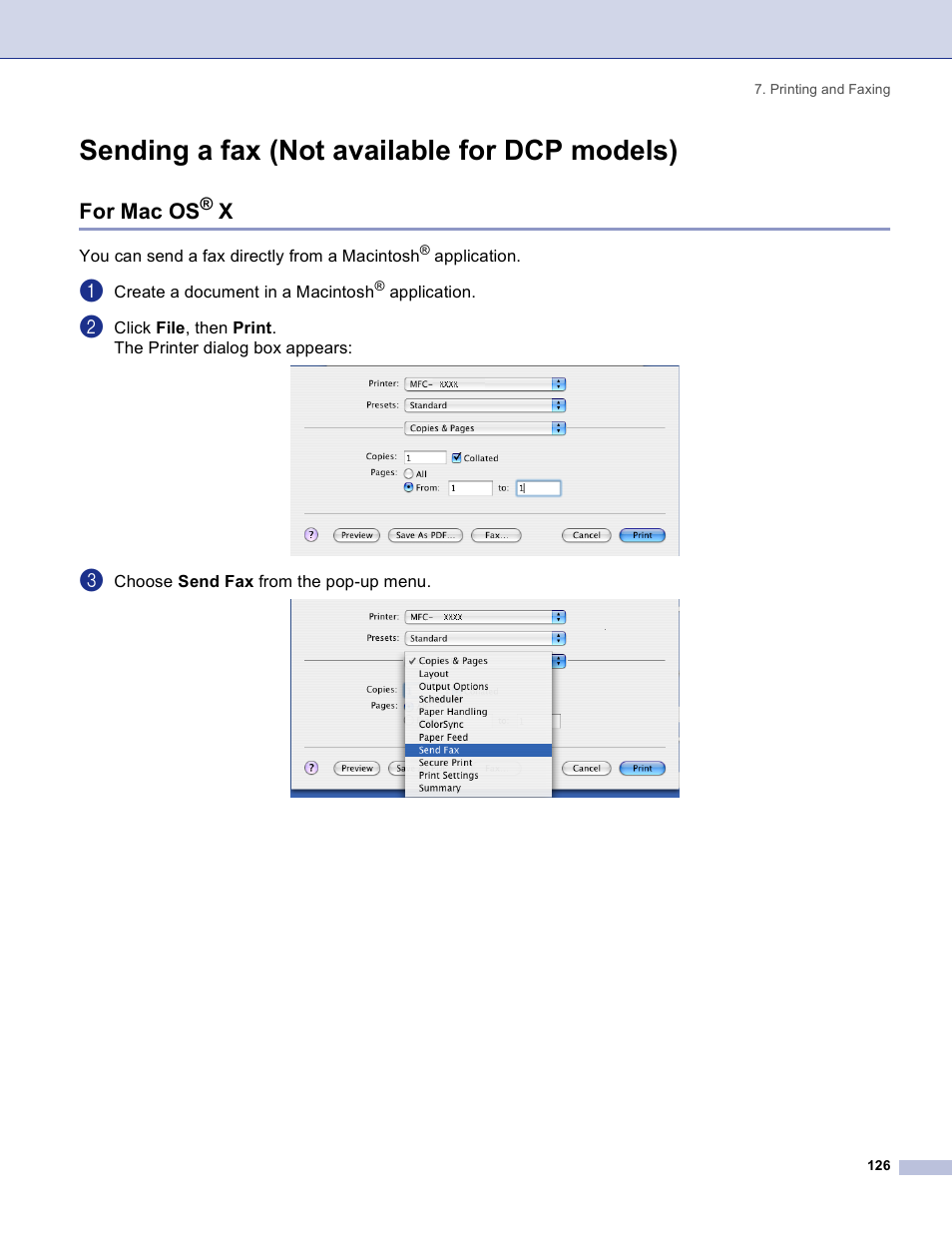 Sending a fax (not available for dcp models), For mac os® x, For mac os | Brother DCP 8060 User Manual | Page 132 / 182
