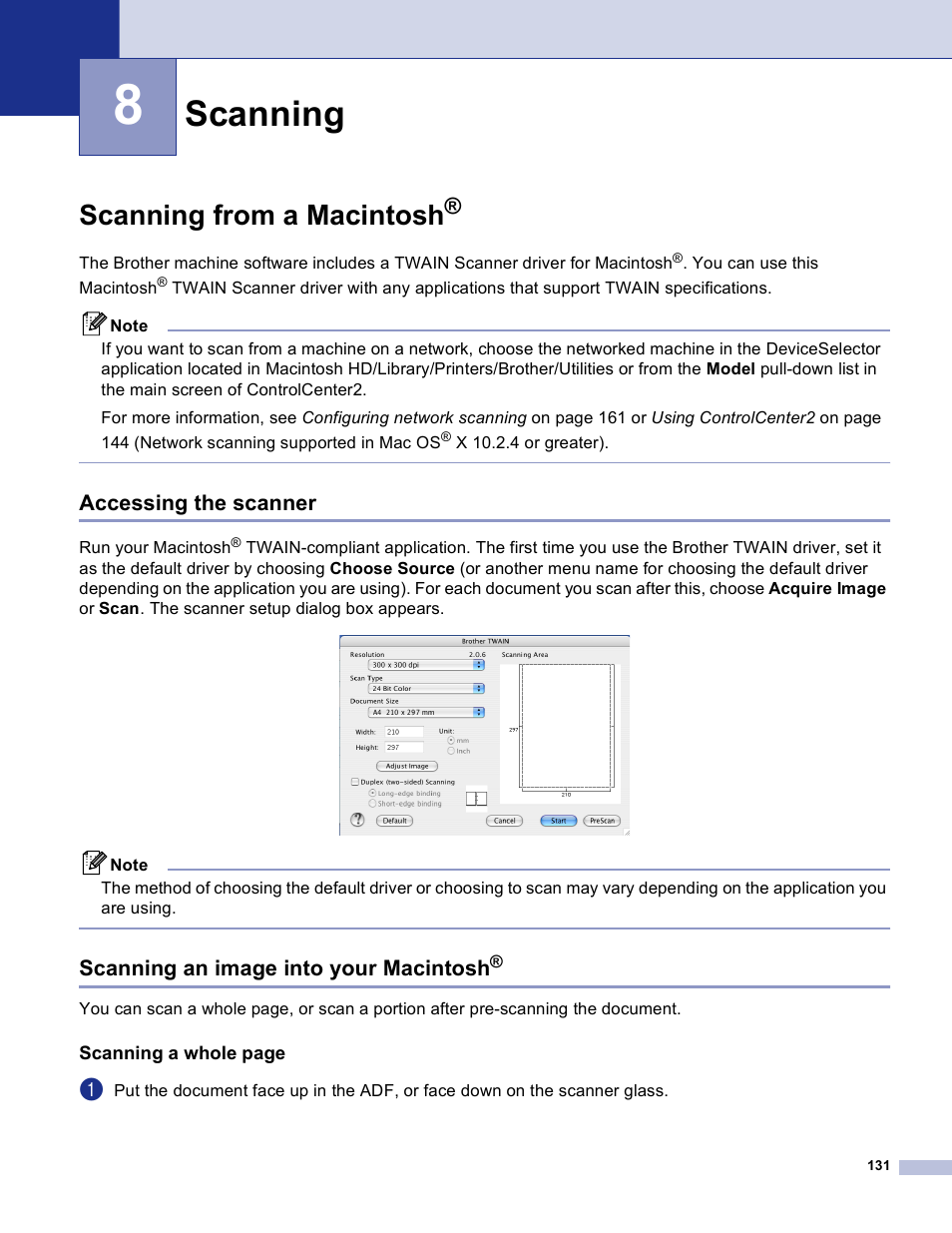 8 scanning, Scanning from a macintosh, Accessing the scanner | Scanning an image into your macintosh, Scanning | Brother DCP 8060 User Manual | Page 137 / 182