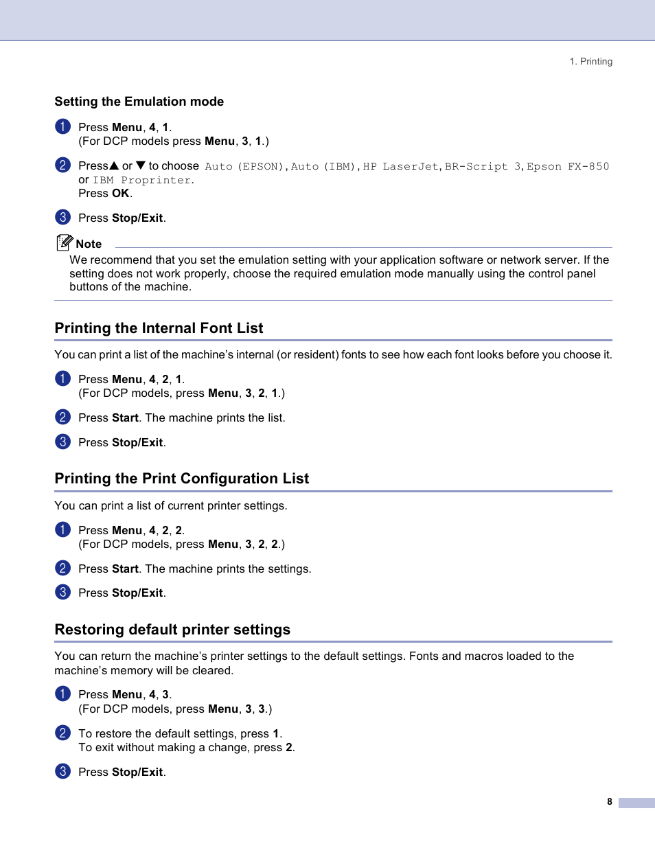 Setting the emulation mode, Printing the internal font list, Printing the print configuration list | Restoring default printer settings | Brother DCP 8060 User Manual | Page 14 / 182