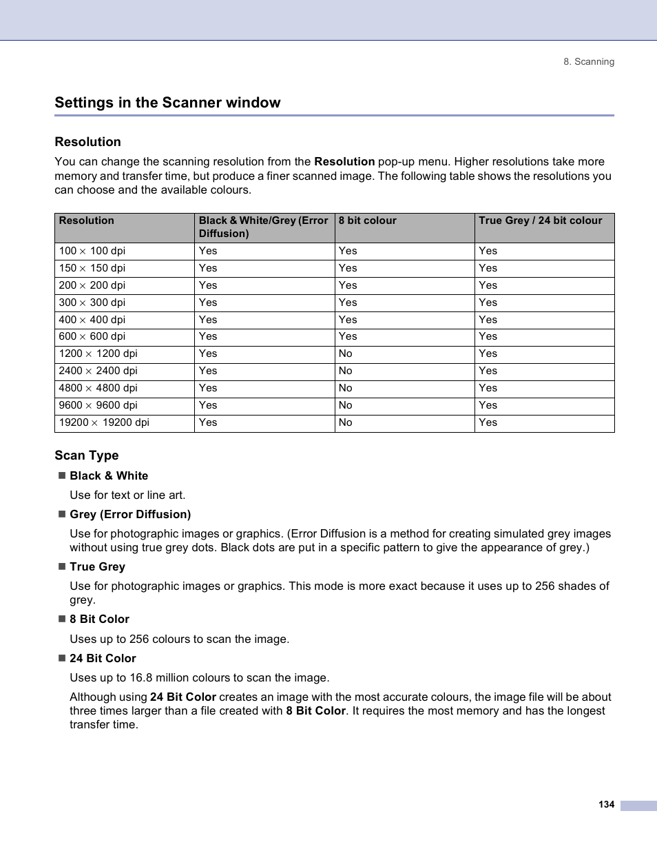 Settings in the scanner window, Resolution, Scan type | Brother DCP 8060 User Manual | Page 140 / 182