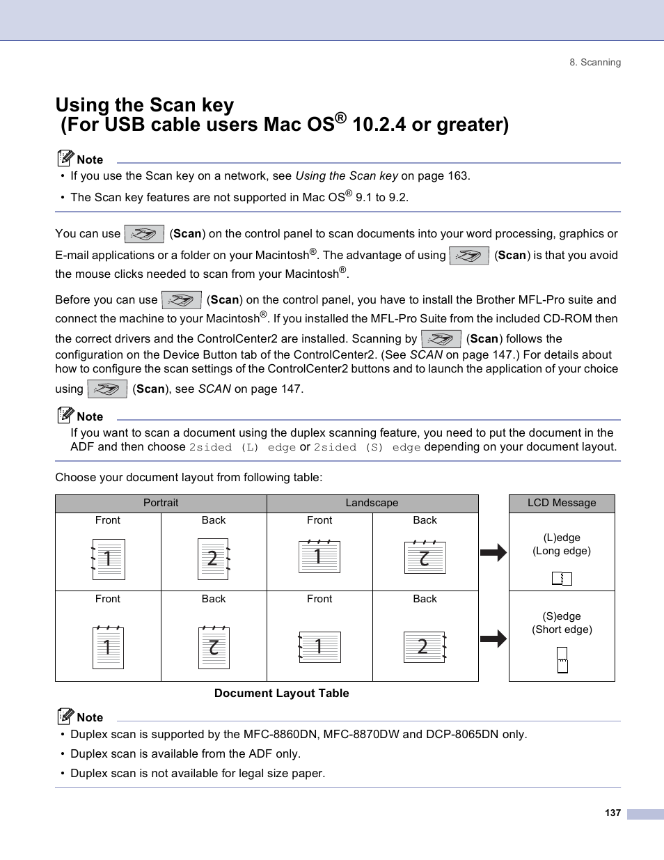 Using the scan key (for usb cable users mac os, 4 or greater) | Brother DCP 8060 User Manual | Page 143 / 182