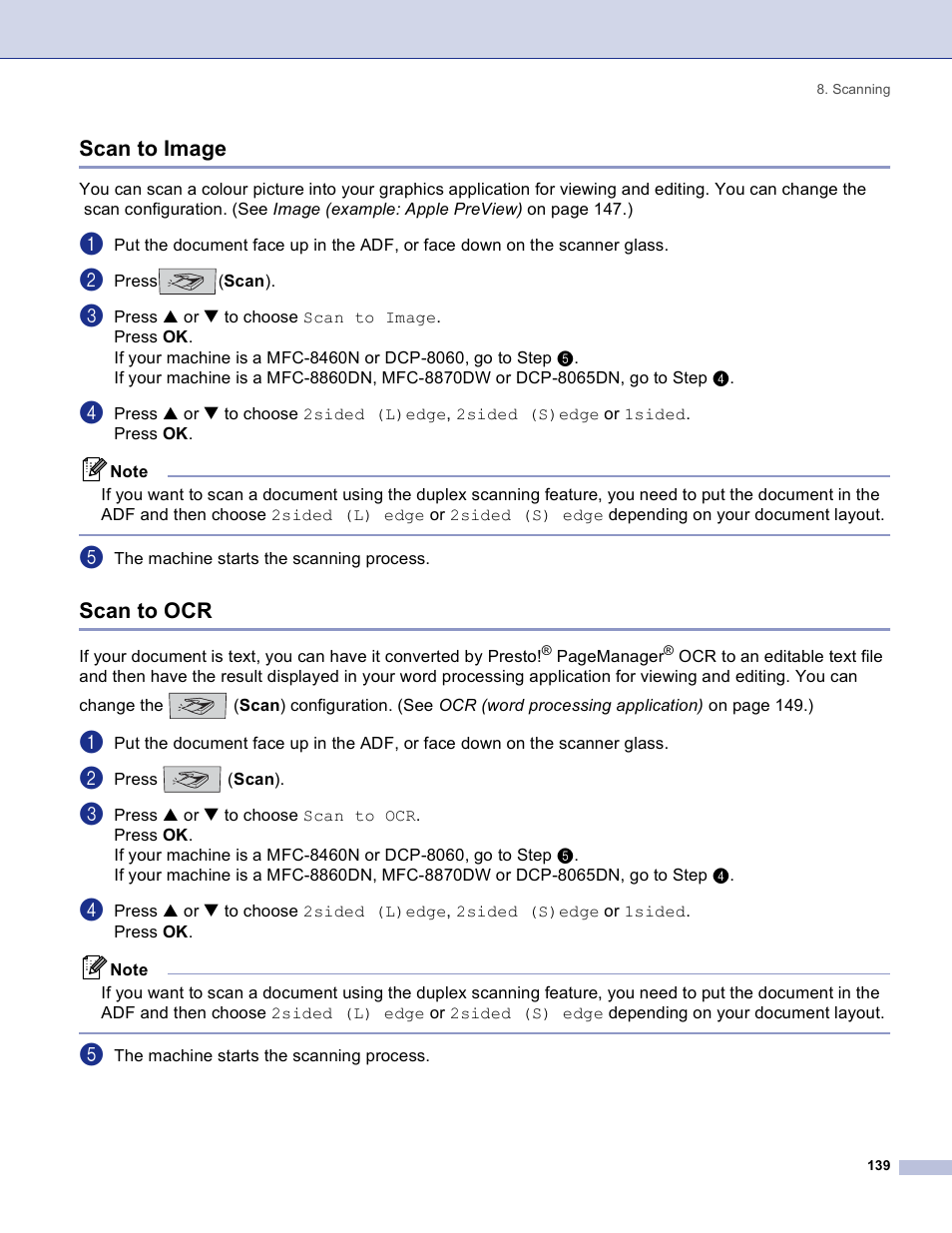 Scan to image, Scan to ocr, Scan to image scan to ocr | Brother DCP 8060 User Manual | Page 145 / 182