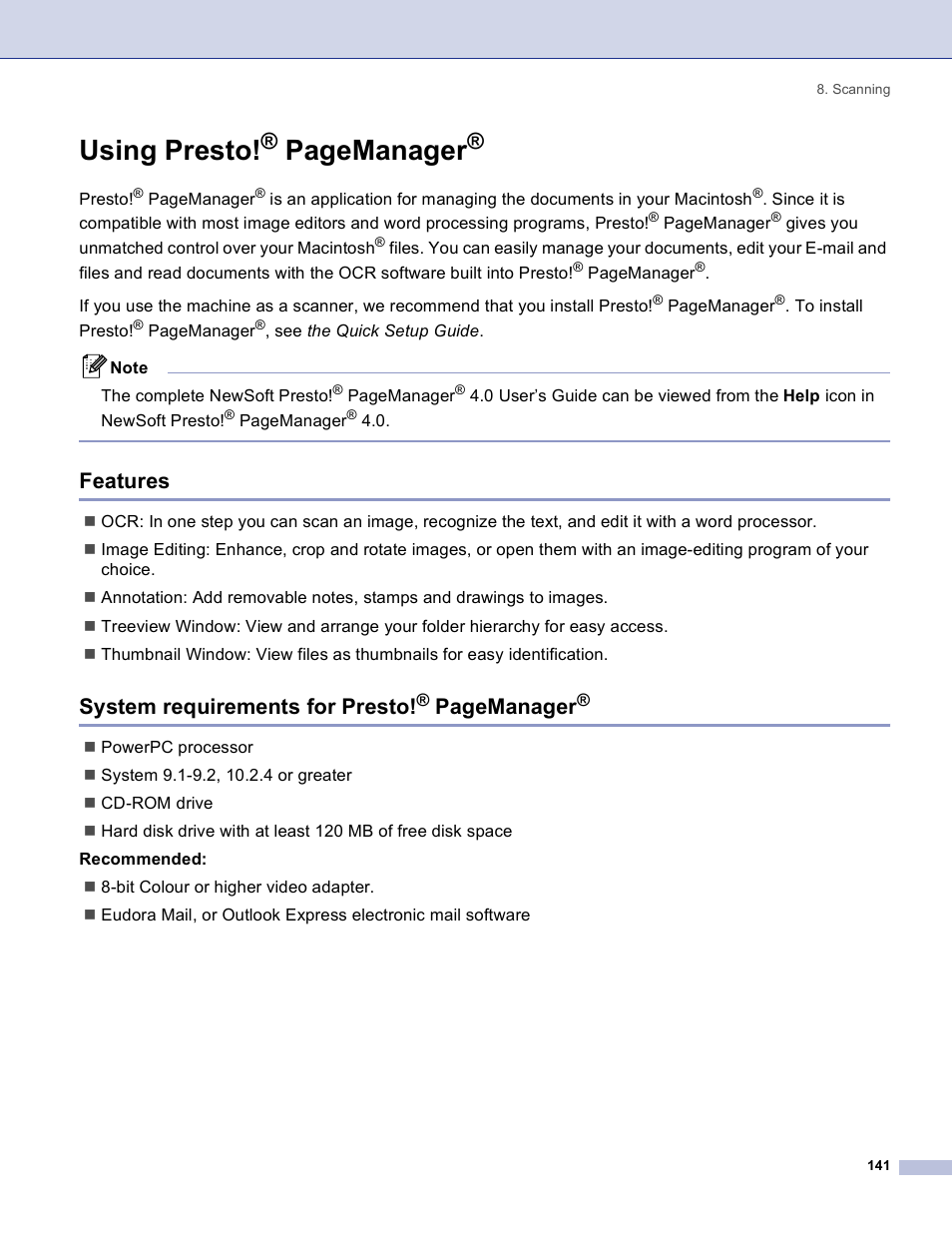 Features, Using presto, Features system requirements for presto | Pagemanager, System requirements for presto | Brother DCP 8060 User Manual | Page 147 / 182