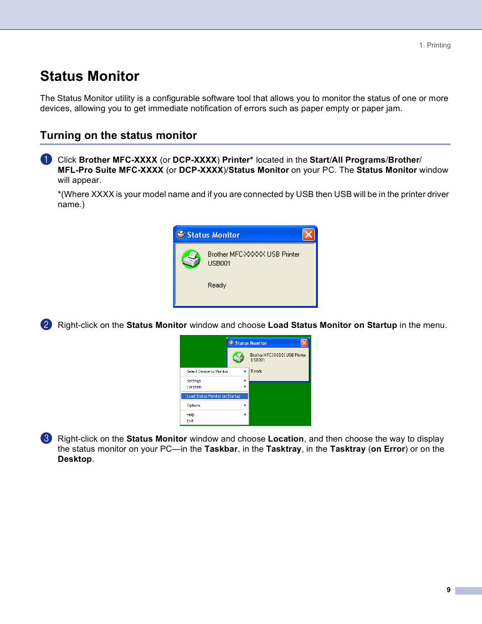 Status monitor, Turning on the status monitor | Brother DCP 8060 User Manual | Page 15 / 182