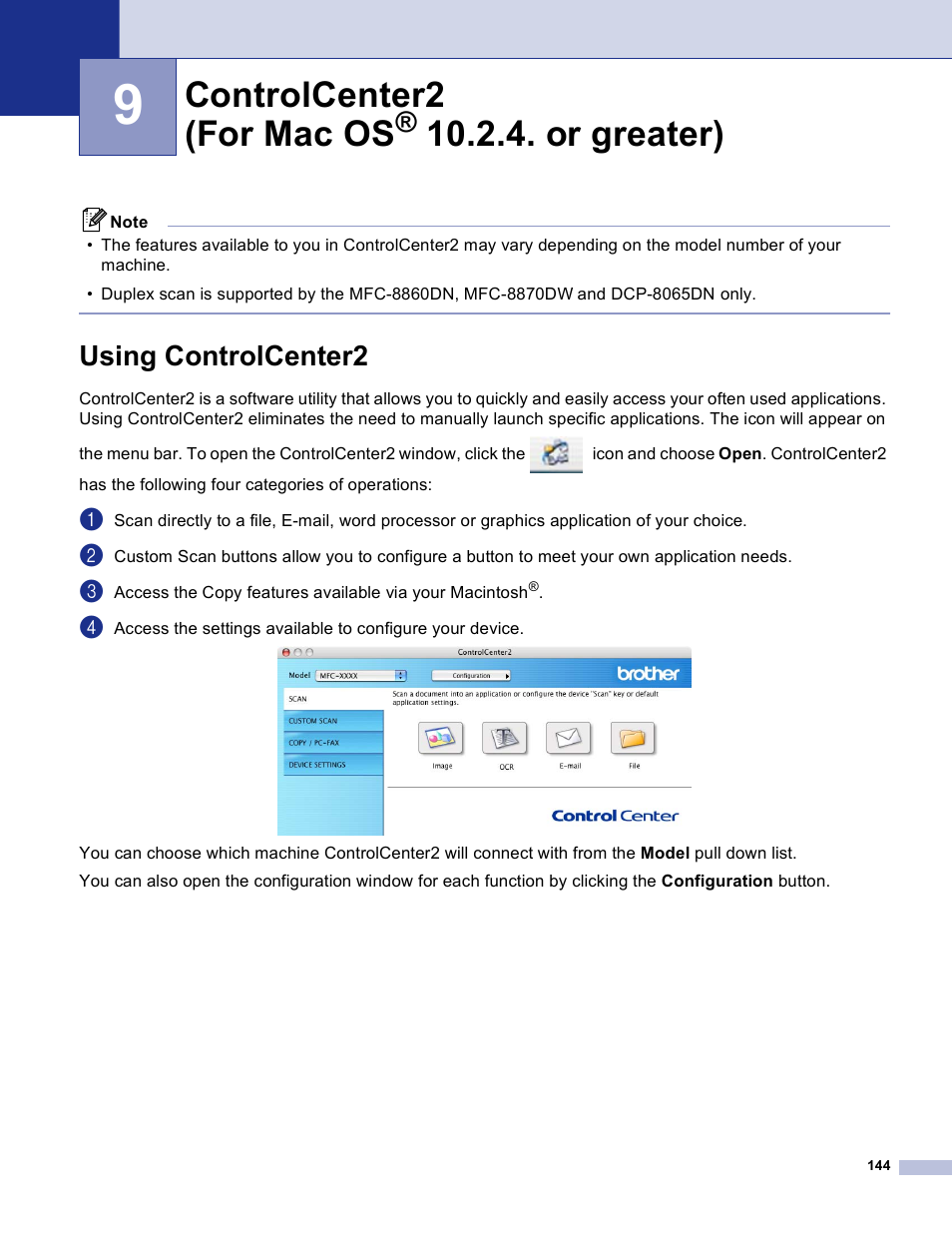 9 controlcenter2 (for mac os® 10.2.4. or greater), Using controlcenter2, Controlcenter2 (for mac os | Or greater) | Brother DCP 8060 User Manual | Page 150 / 182