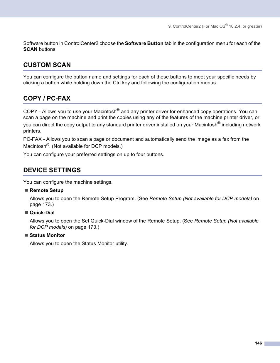 Custom scan, Copy / pc-fax, Device settings | Custom scan copy / pc-fax device settings | Brother DCP 8060 User Manual | Page 152 / 182