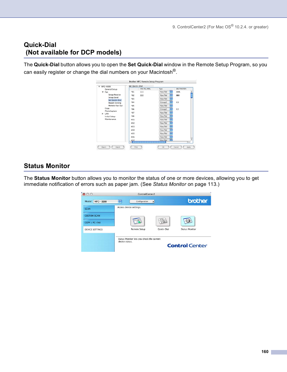Quick-dial (not available for dcp models), Status monitor | Brother DCP 8060 User Manual | Page 166 / 182