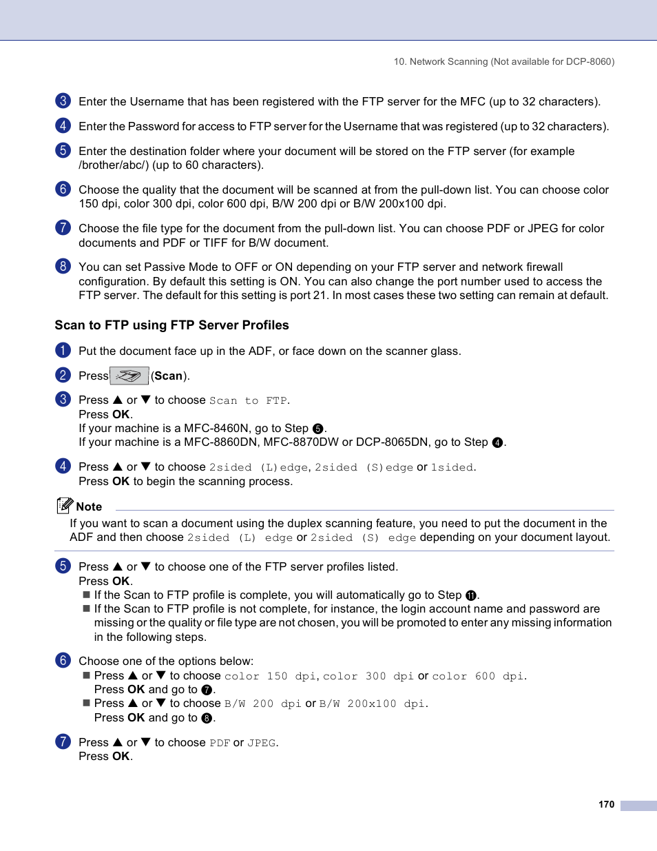 Scan to ftp using ftp server profiles | Brother DCP 8060 User Manual | Page 176 / 182