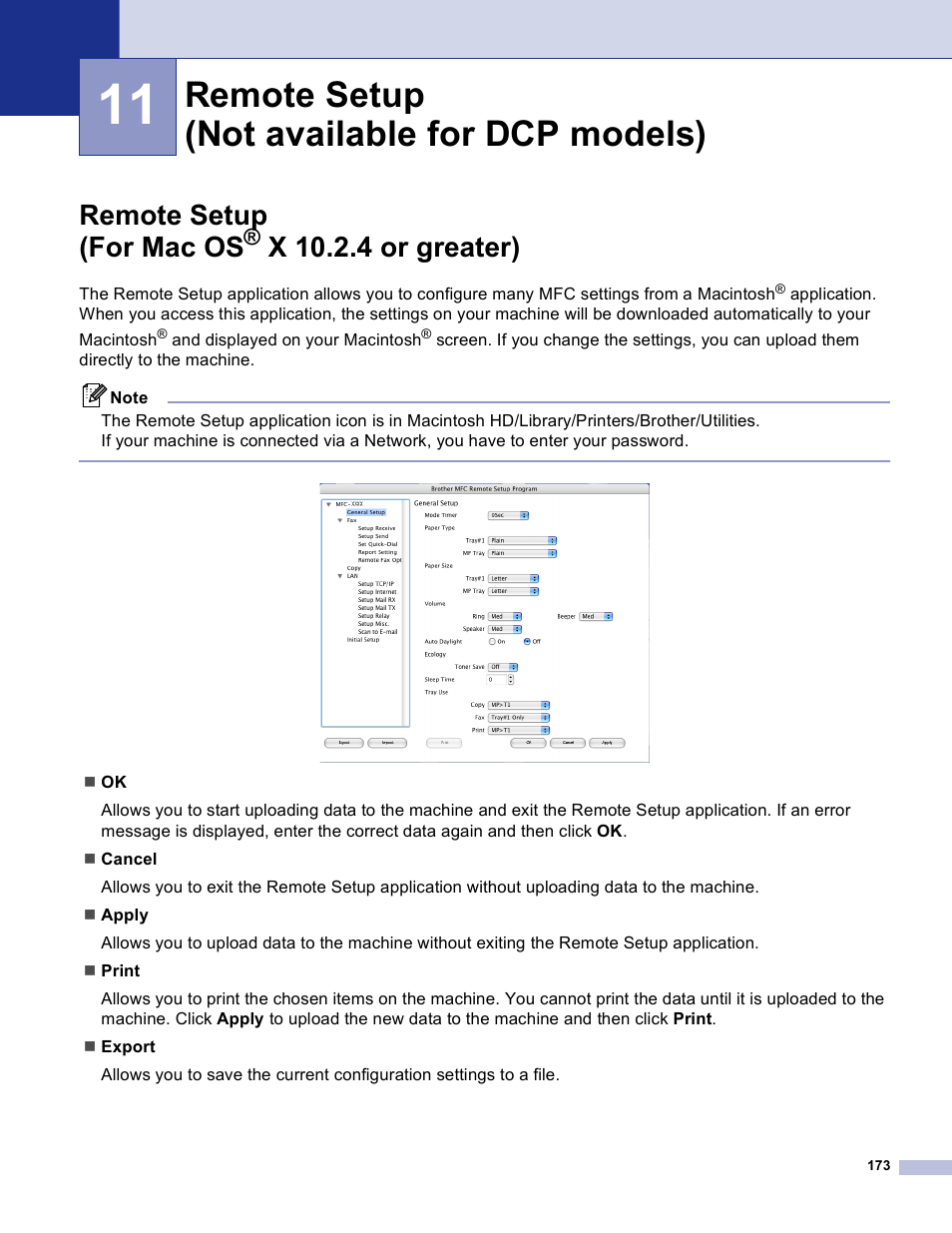 11 remote setup (not available for dcp models), Remote setup (for mac os® x 10.2.4 or greater), Remote setup (not available for dcp models) | Remote setup (for mac os, X 10.2.4 or greater) | Brother DCP 8060 User Manual | Page 179 / 182