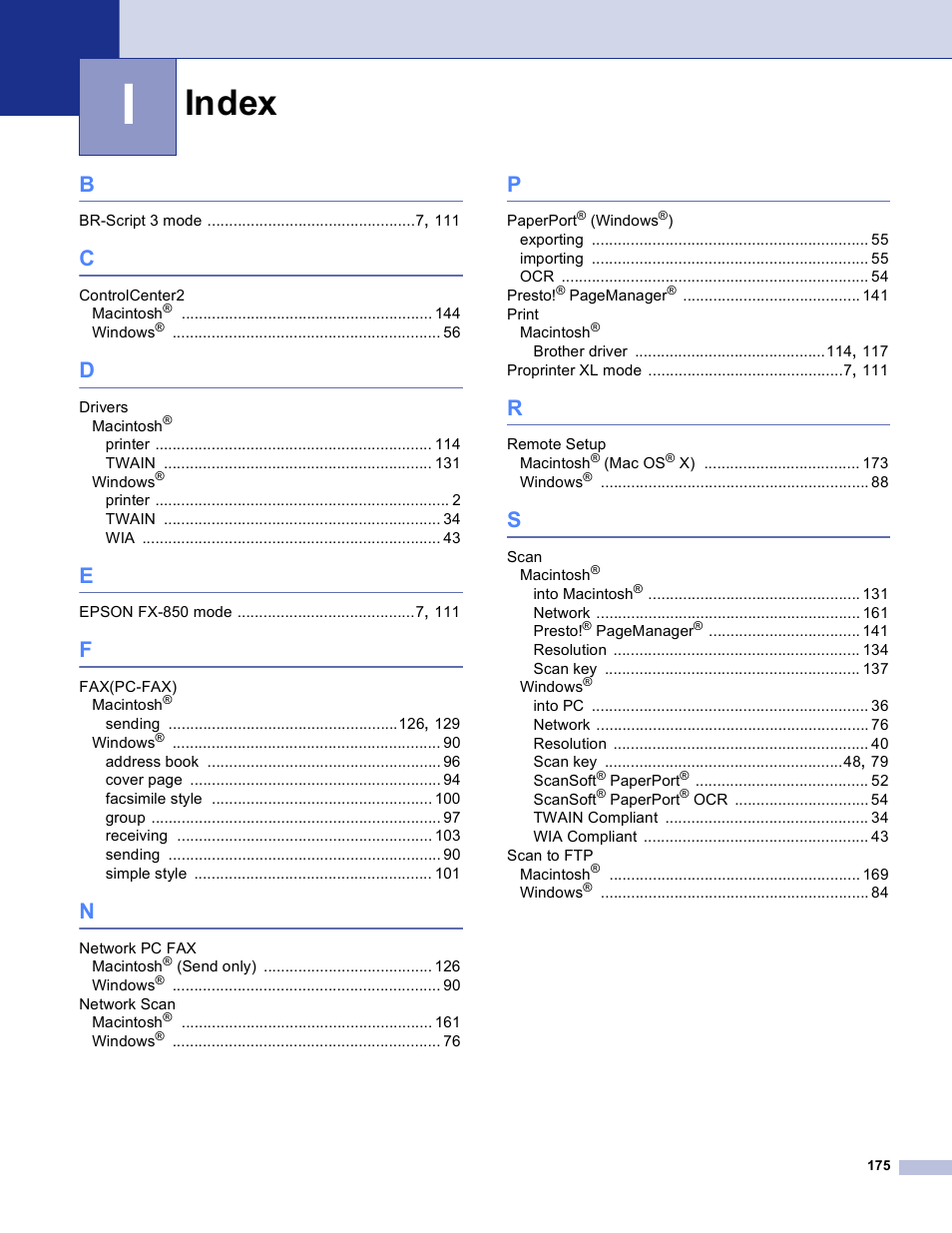 Index | Brother DCP 8060 User Manual | Page 181 / 182