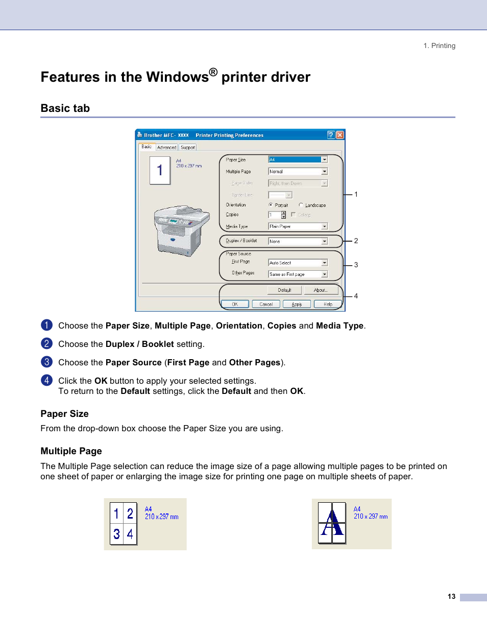 Features in the windows® printer driver, Basic tab, Paper size | Features in the windows, Printer driver | Brother DCP 8060 User Manual | Page 19 / 182