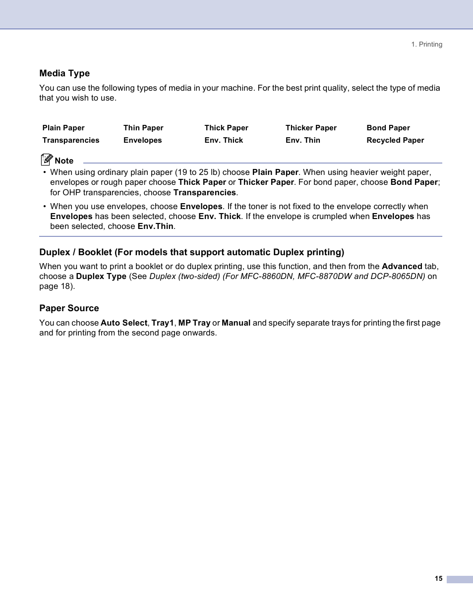 Media type, Paper source | Brother DCP 8060 User Manual | Page 21 / 182