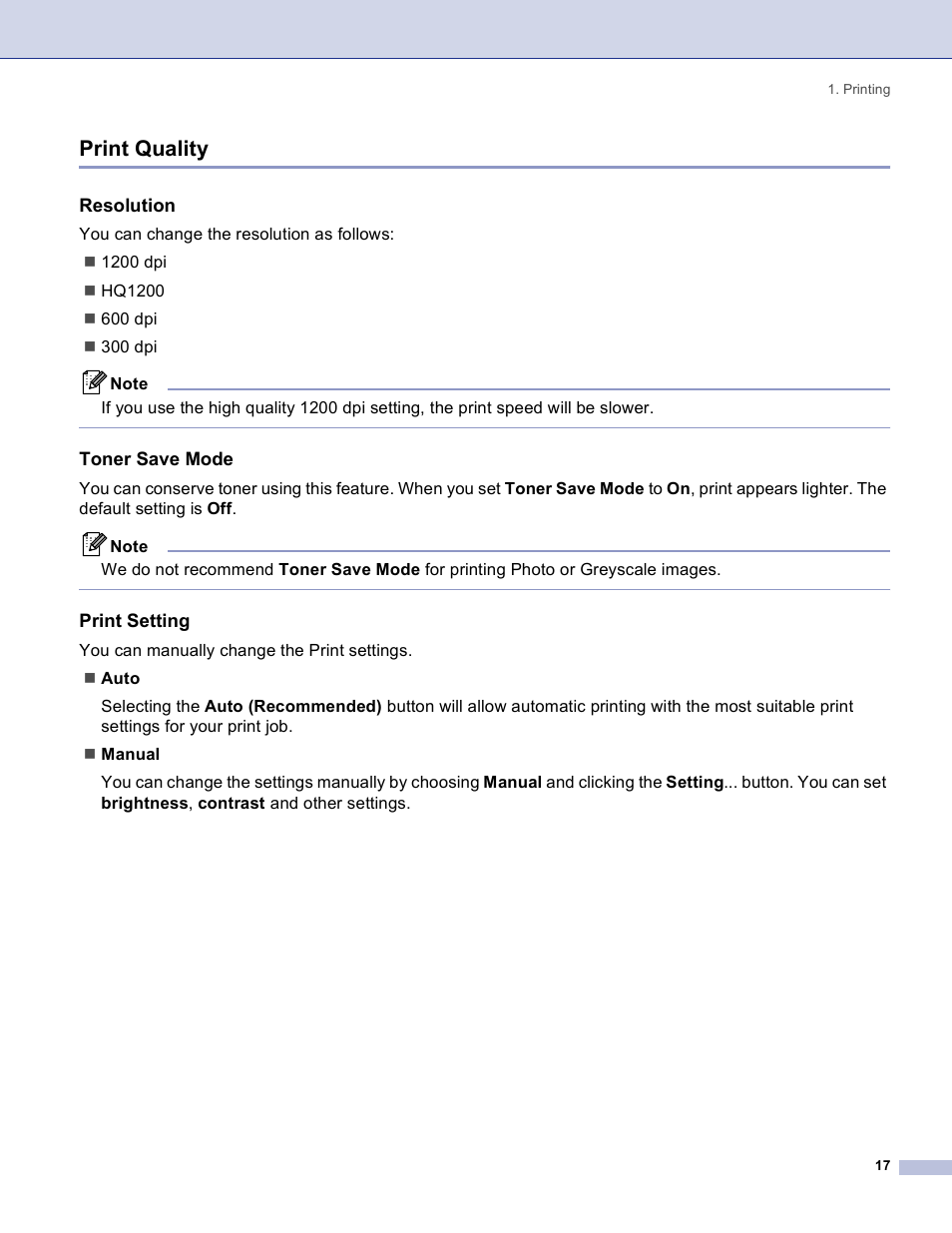 Print quality, Resolution, Toner save mode | Print setting | Brother DCP 8060 User Manual | Page 23 / 182