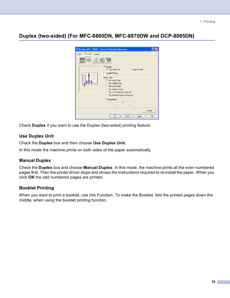 Use duplex unit, Manual duplex, Booklet printing | Brother DCP 8060 User Manual | Page 24 / 182