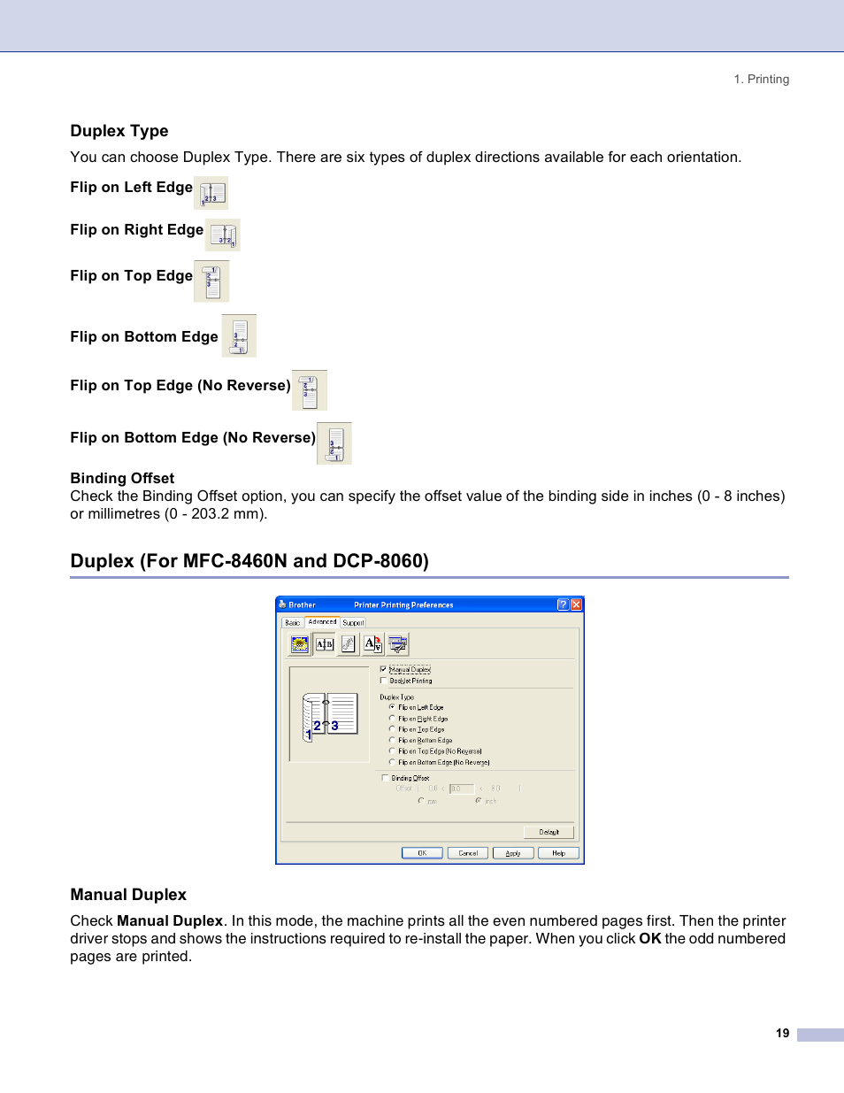 Duplex type, Duplex (for mfc-8460n and dcp-8060), Manual duplex | Brother DCP 8060 User Manual | Page 25 / 182
