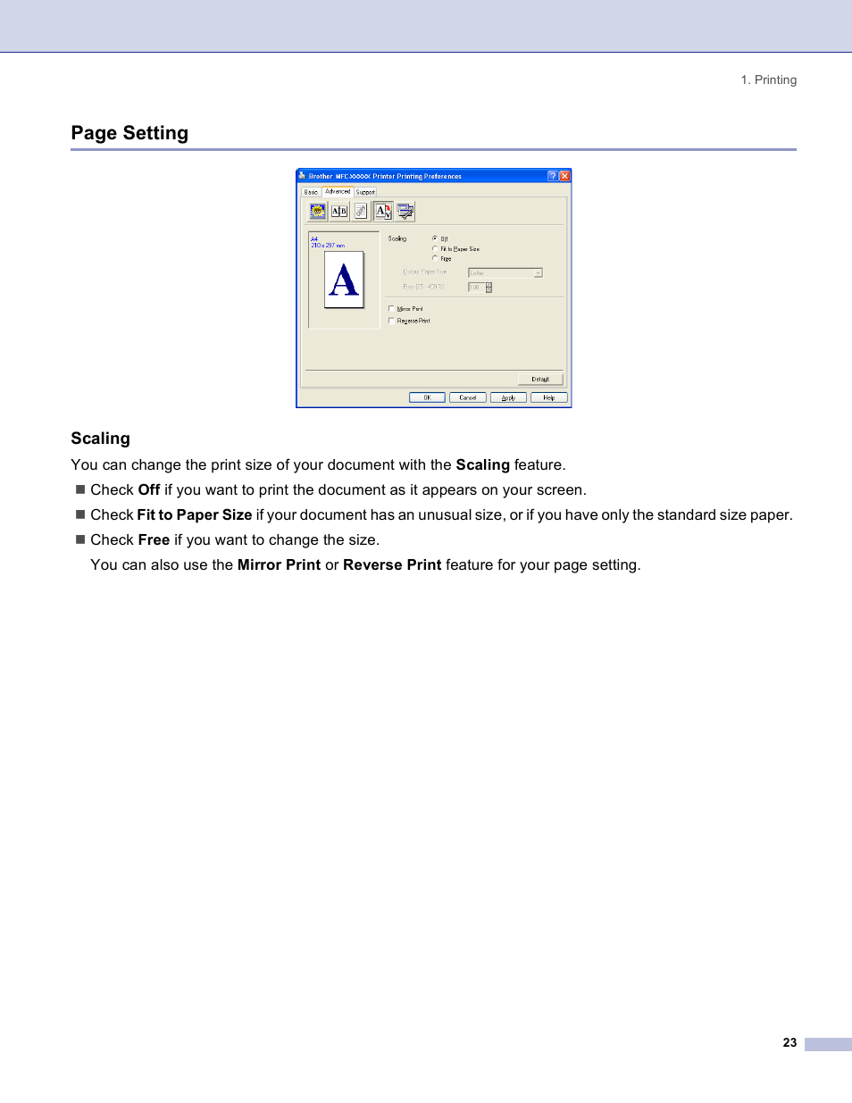 Scaling, Page setting | Brother DCP 8060 User Manual | Page 29 / 182