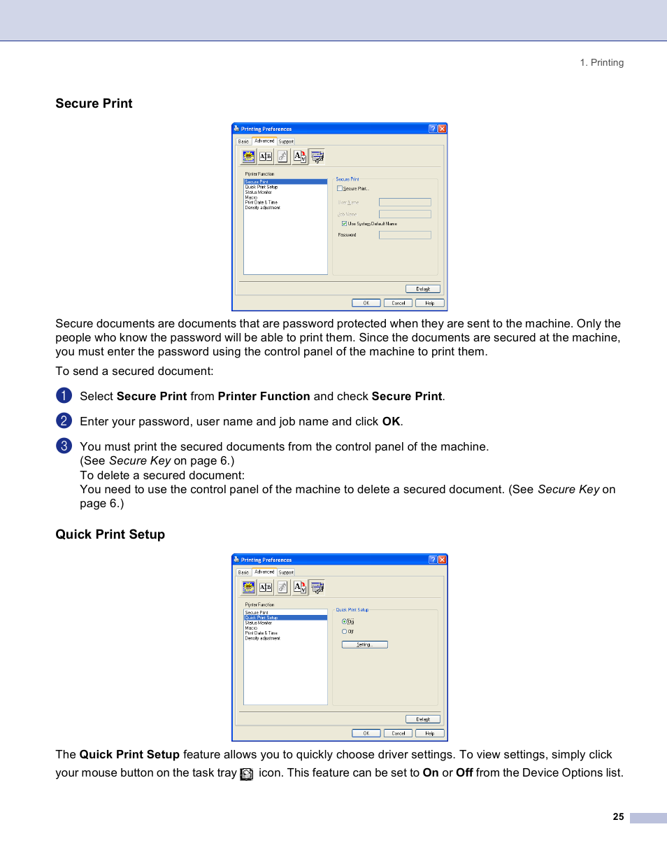 Secure print, Quick print setup | Brother DCP 8060 User Manual | Page 31 / 182