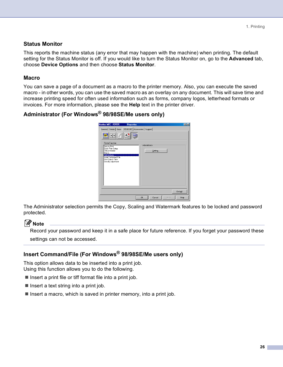 Status monitor, Macro, Administrator (for windows® 98/98se/me users only) | Administrator (for windows, 98/98se/me users only), Insert command/file (for windows | Brother DCP 8060 User Manual | Page 32 / 182