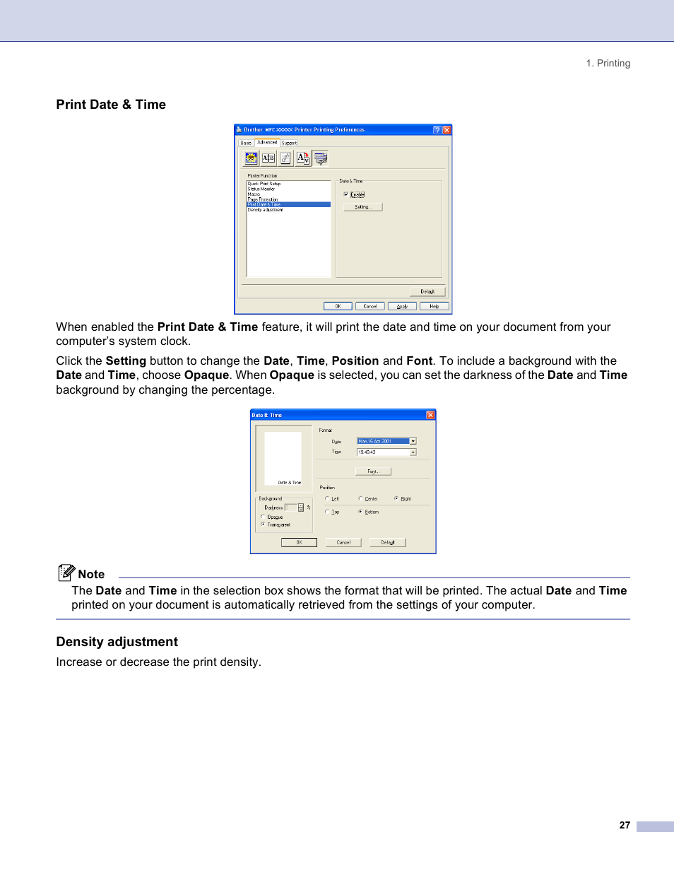 Print date & time, Density adjustment, Increase or decrease the print density | Brother DCP 8060 User Manual | Page 33 / 182