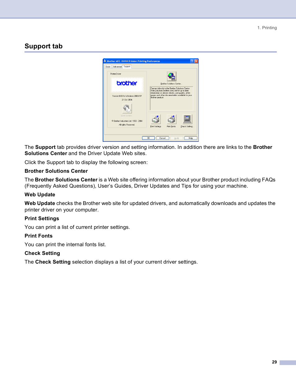 Support tab | Brother DCP 8060 User Manual | Page 35 / 182