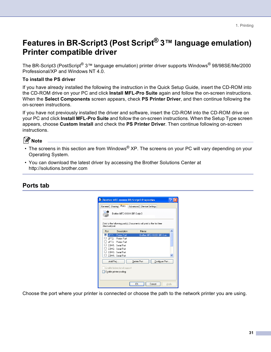 Ports tab, Features in br-script3 (post script, 3™ language emulation) printer compatible driver | Brother DCP 8060 User Manual | Page 37 / 182