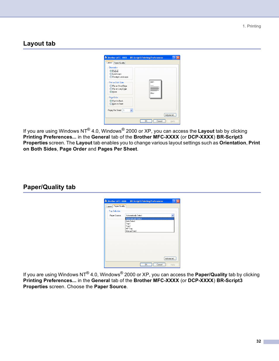 Layout tab, Paper/quality tab, Layout tab paper/quality tab | Brother DCP 8060 User Manual | Page 38 / 182