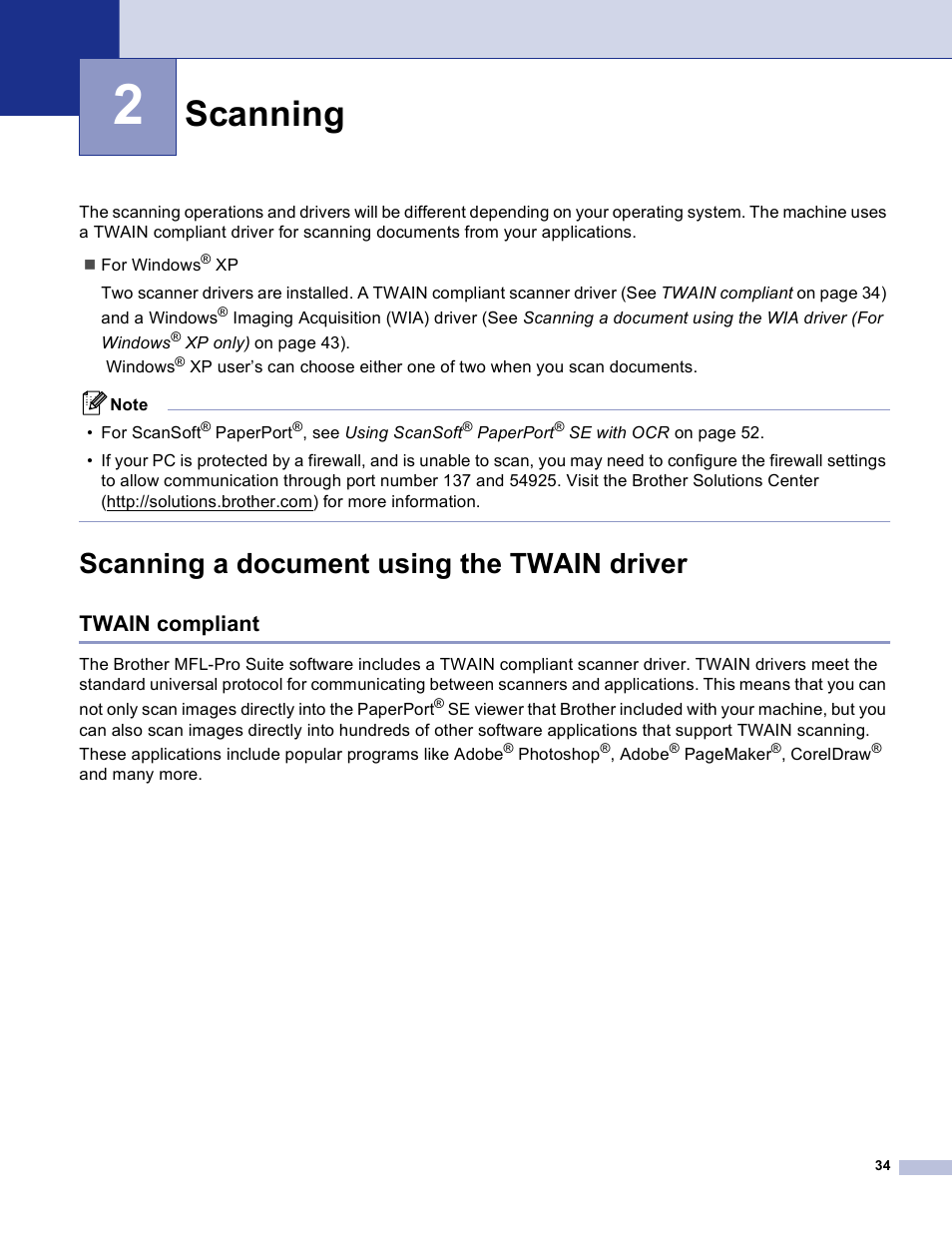 2 scanning, Scanning a document using the twain driver, Twain compliant | Scanning | Brother DCP 8060 User Manual | Page 40 / 182