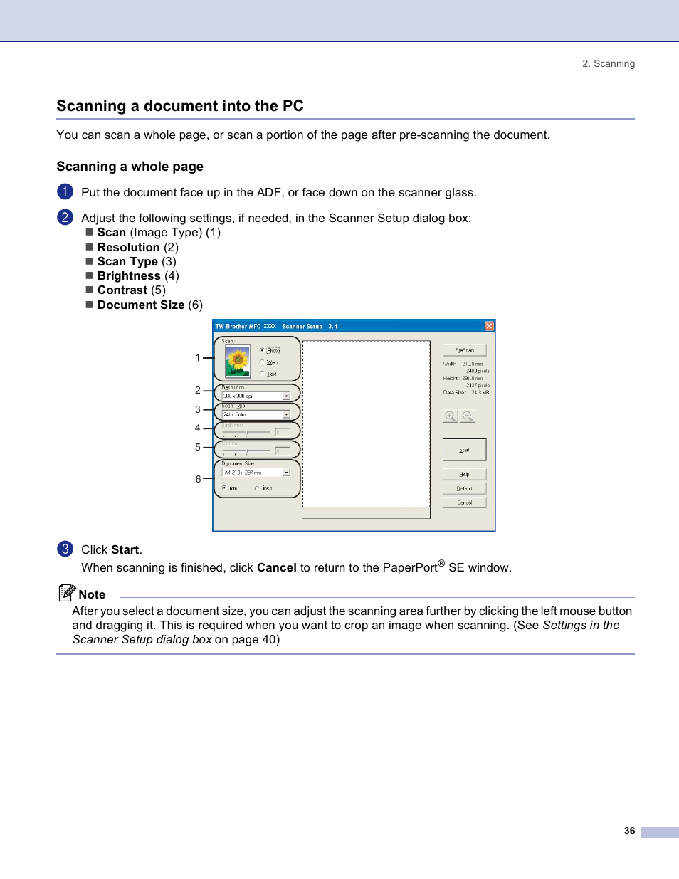 Scanning a document into the pc | Brother DCP 8060 User Manual | Page 42 / 182
