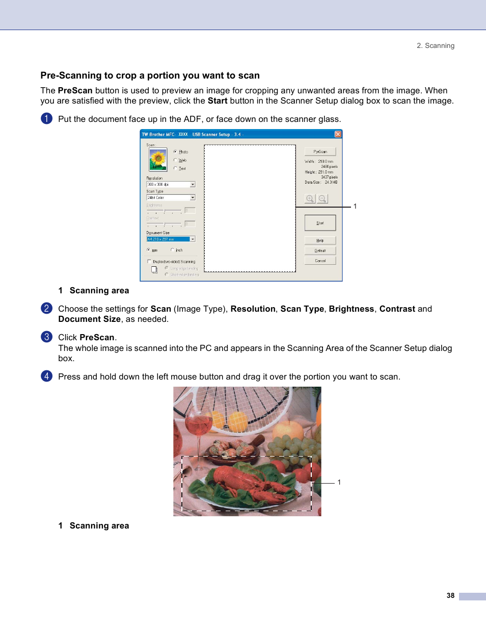 Pre-scanning to crop a portion you want to scan | Brother DCP 8060 User Manual | Page 44 / 182