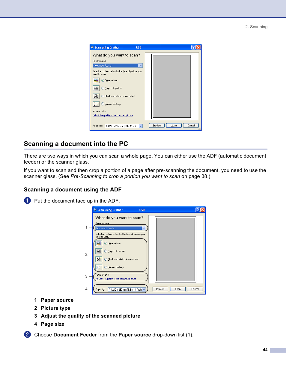 Scanning a document into the pc, Scanning a document using the adf | Brother DCP 8060 User Manual | Page 50 / 182