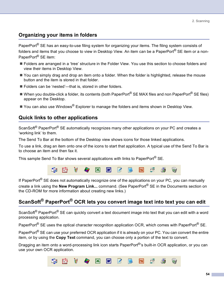 Organizing your items in folders, Quick links to other applications, Paperport | Scansoft | Brother DCP 8060 User Manual | Page 60 / 182