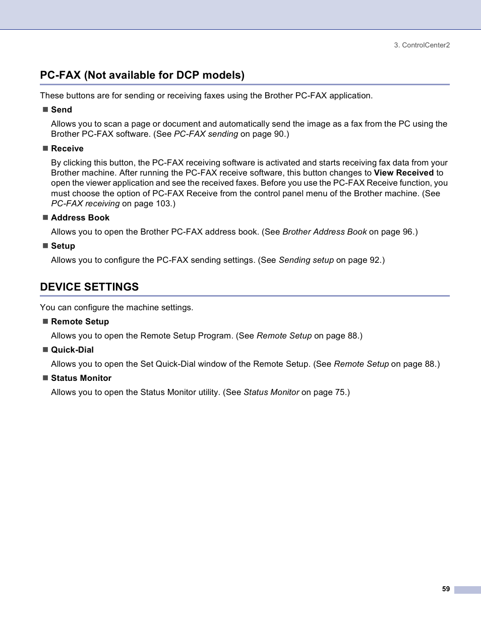Pc-fax (not available for dcp models), Device settings | Brother DCP 8060 User Manual | Page 65 / 182